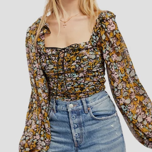 FREE PEOPLE MABEL CHIFFON FLORAL PRINT BLOUSE SIZE XS - Picture 13 of 13